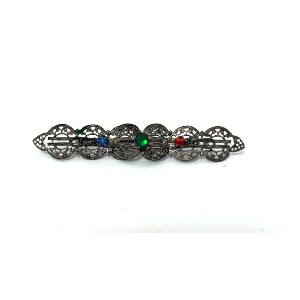 Vintage Filigree Brooch Multicolor Stones Antiqued Silver Design Elegant Jewelry